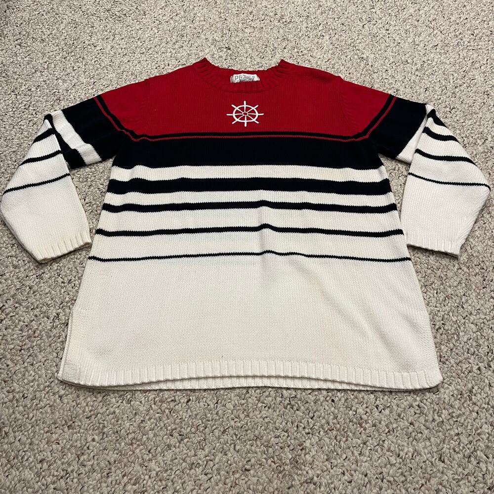 Vintage Nautical Coastal Striped Sweater L Cotton Wheel Womens Classic Casual